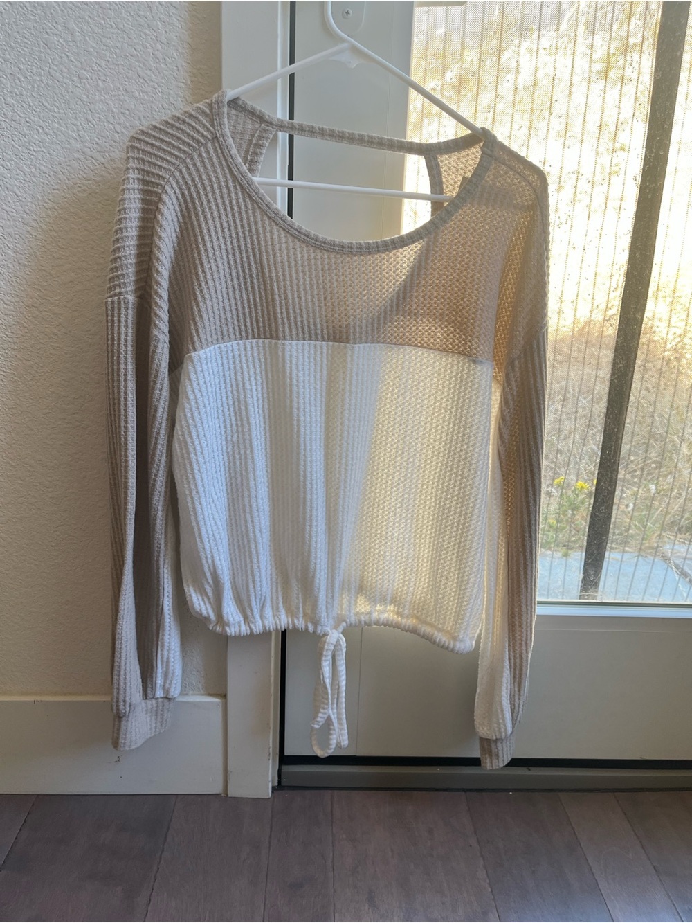 Hollister Two-Tone Waffle Knit Drawstring Top - Cream & Tan